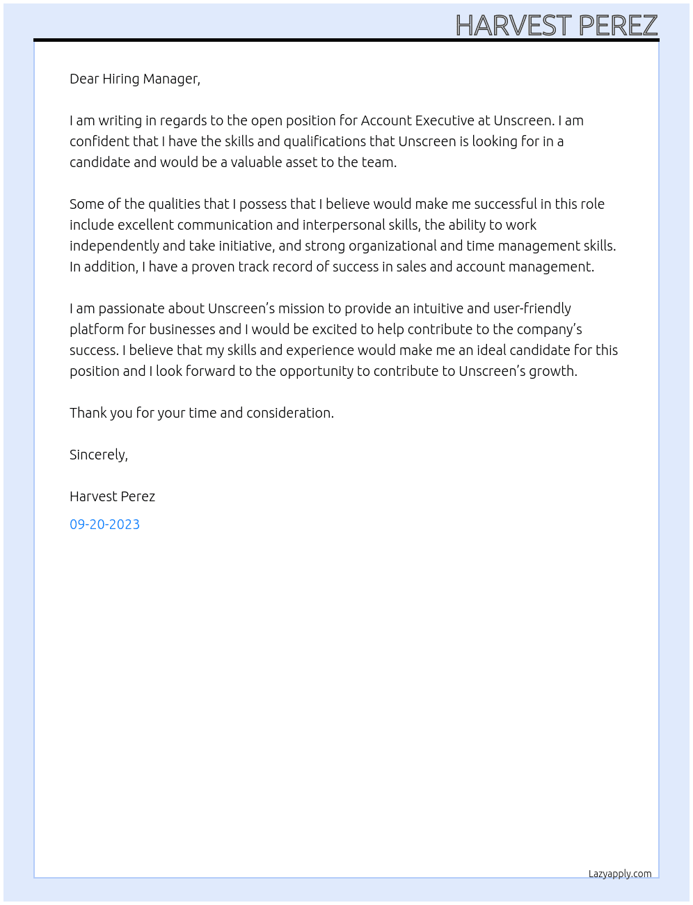 Account Executive At Unscreen Cover Letter