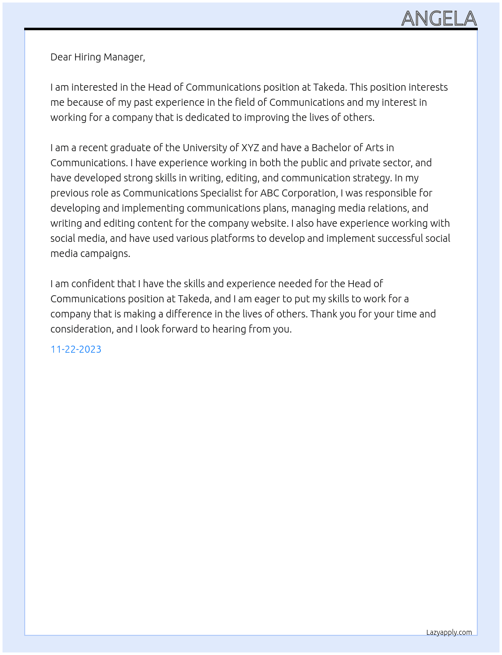Head of Communications  At Takeda Cover Letter