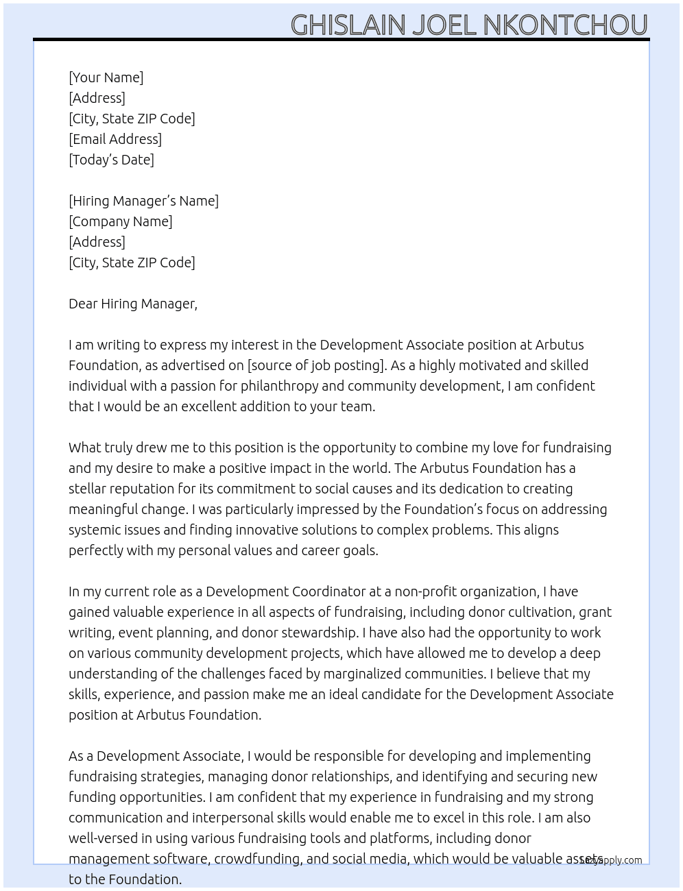 Development Associate At Arbutus Foundation Cover Letter