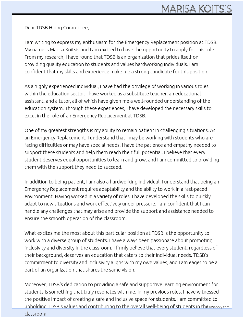 Emergency Replacement At TDSB Cover Letter