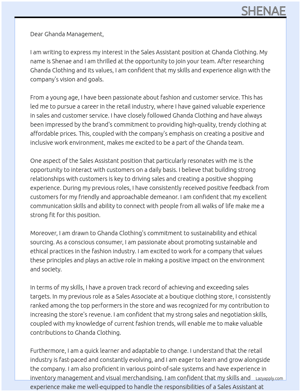 Sales assistant At Ghanda Clothing Cover Letter