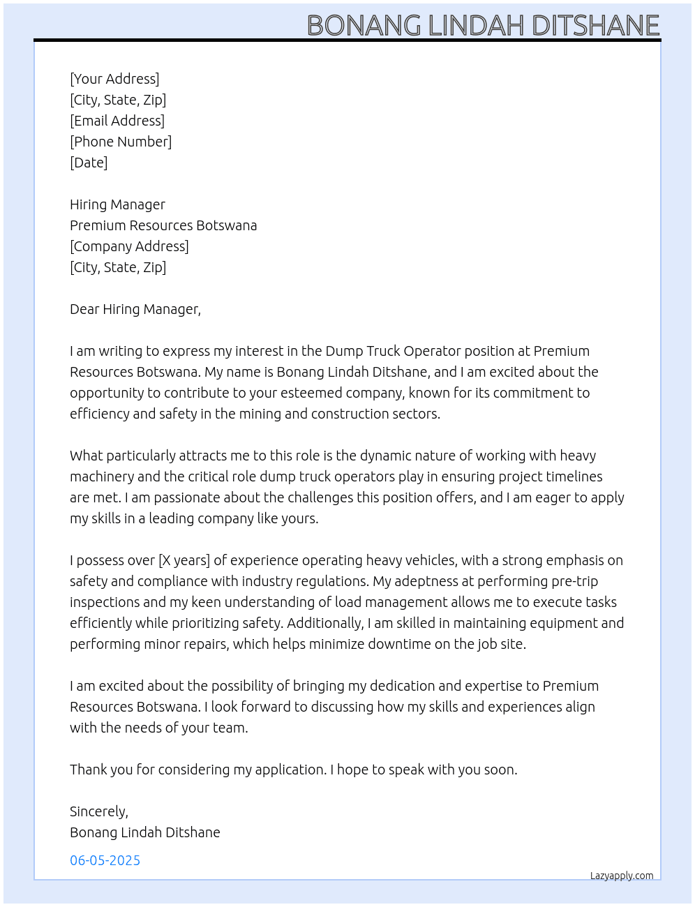 Dump Truck Operator At Premium resources botswana Cover Letter