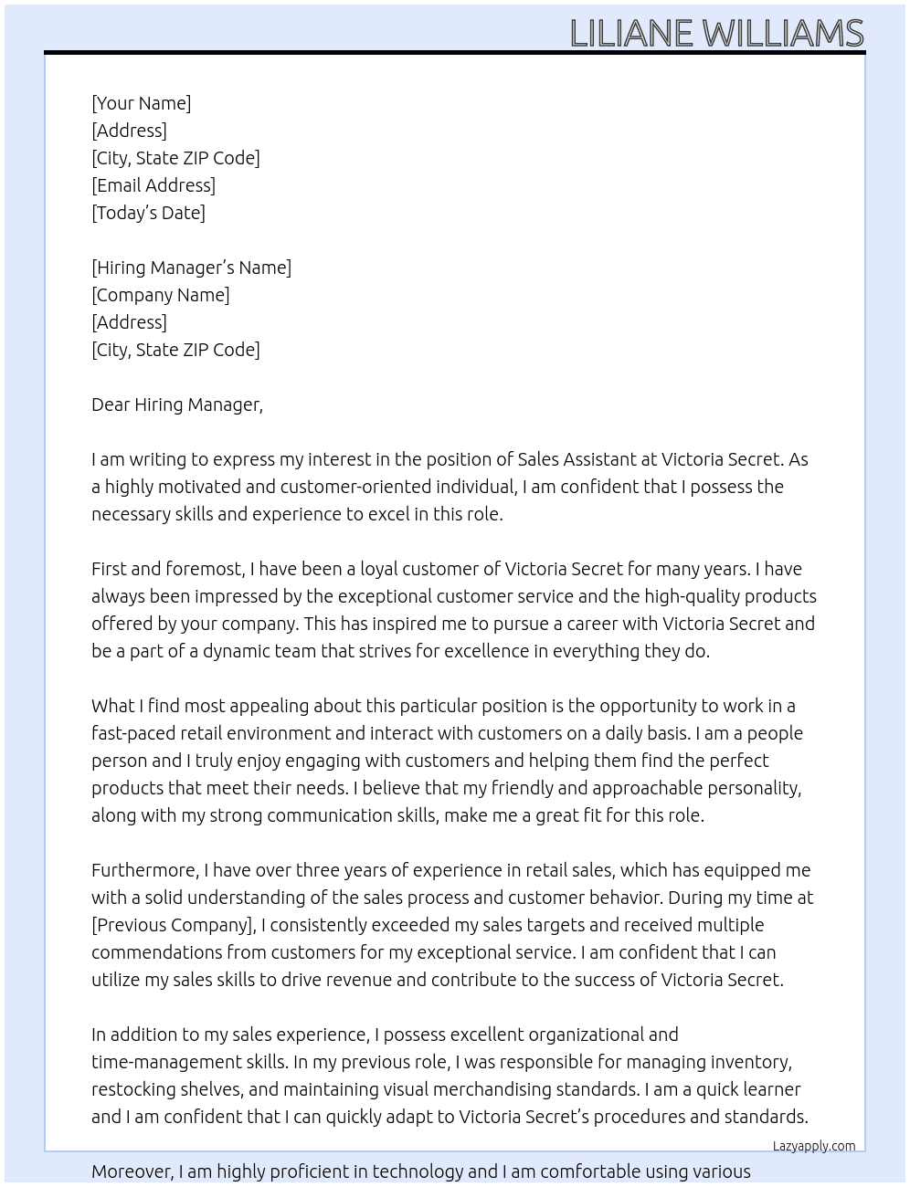 Sales Assistant At Victoria Secret Cover Letter