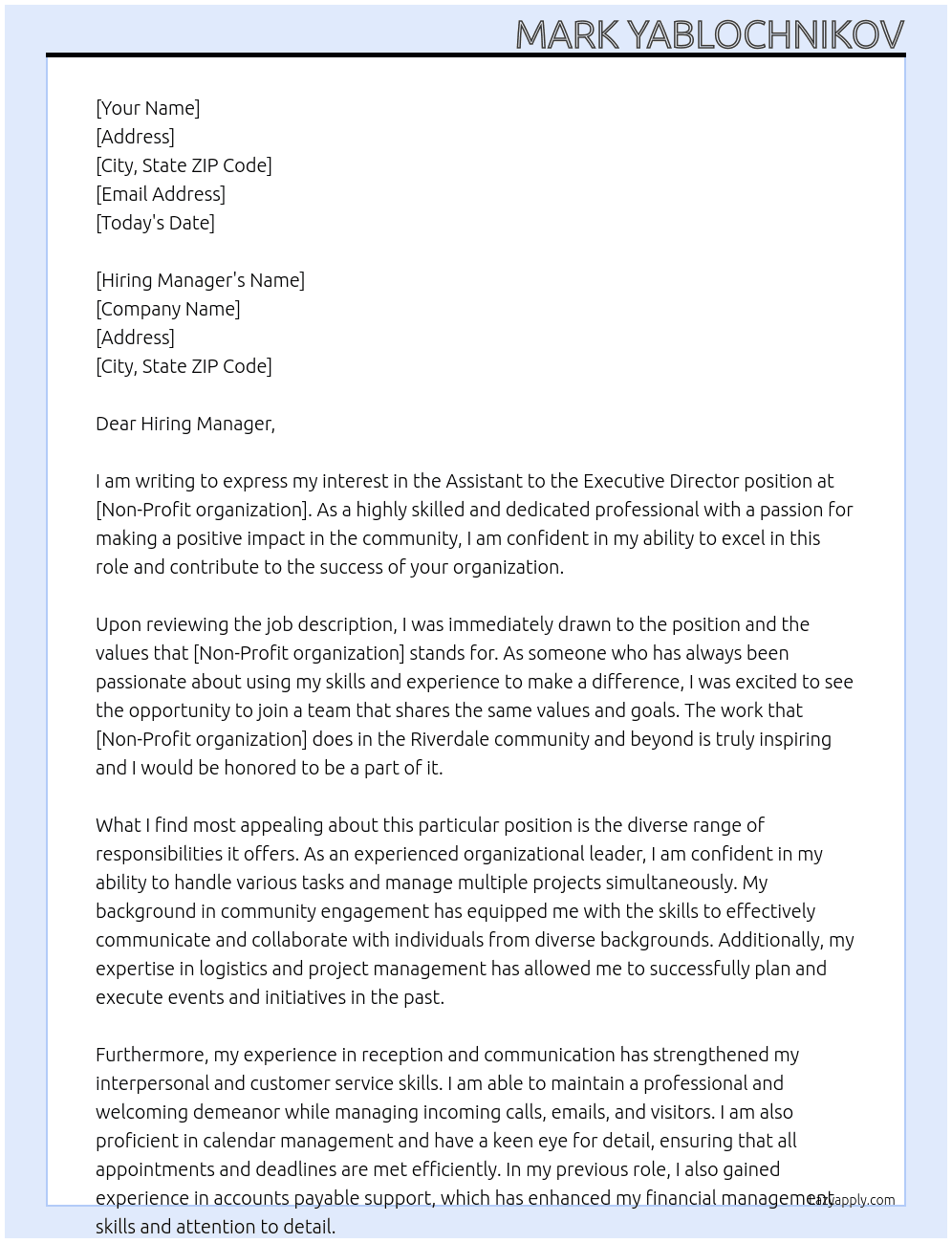 Assistant to the Executive Director At Non-Profit organization Cover Letter