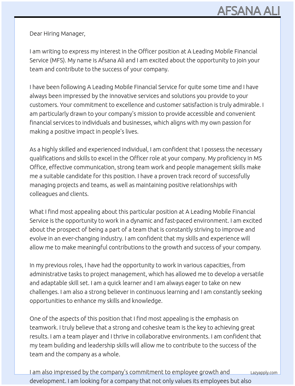Officer At A leading Mobile Financial Service (MFS) Cover Letter