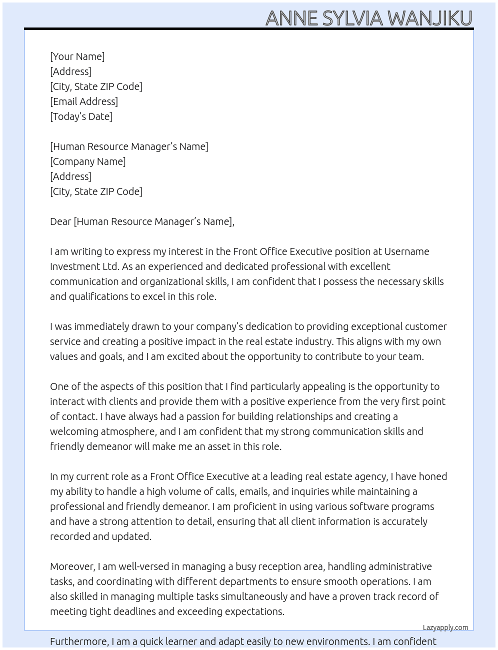 Front Office Executive At Username Investment Ltd Cover Letter