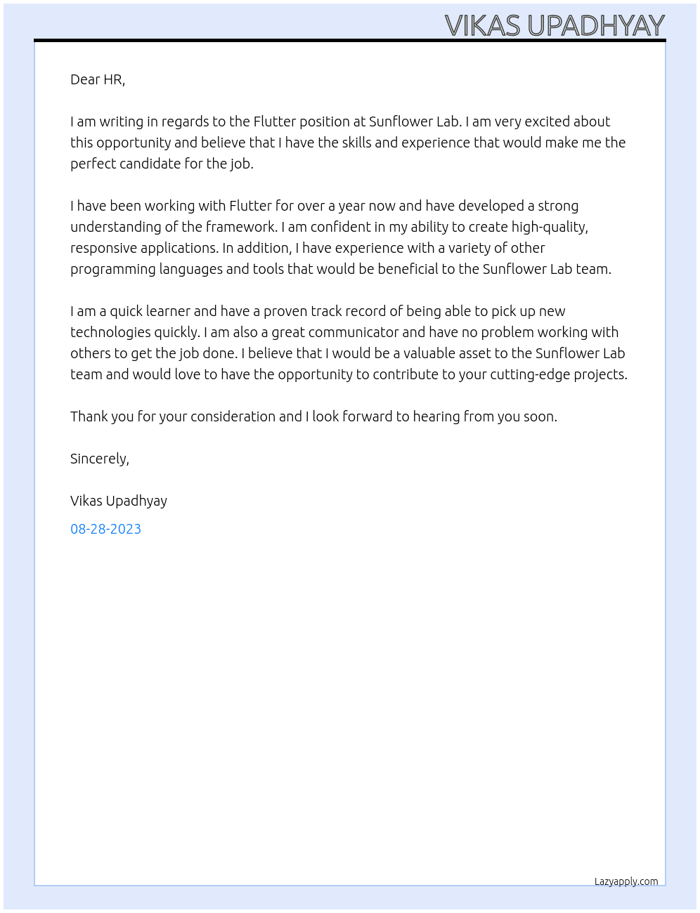 Flutter At Sunflower lab Cover Letter