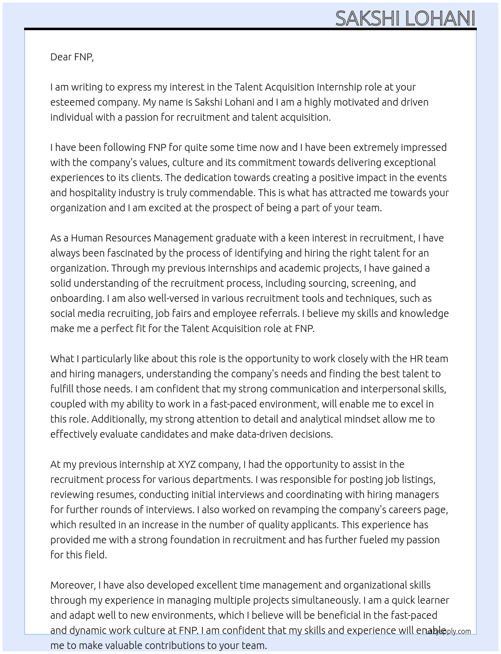 Talent Acquisition Role At FNP Cover Letter