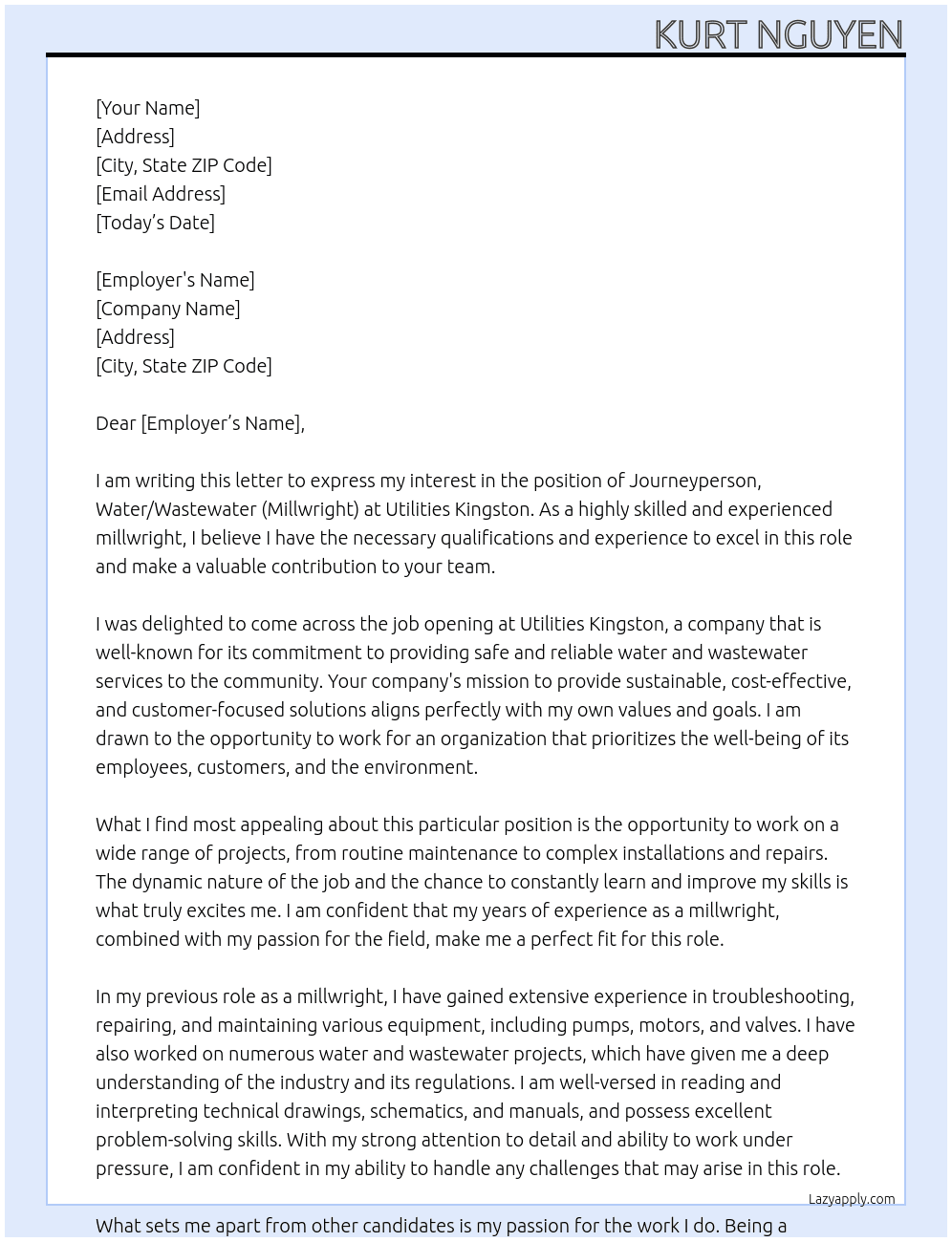Journeyperson, Water/Wastewater (Millwright) At utilities kingston Cover Letter