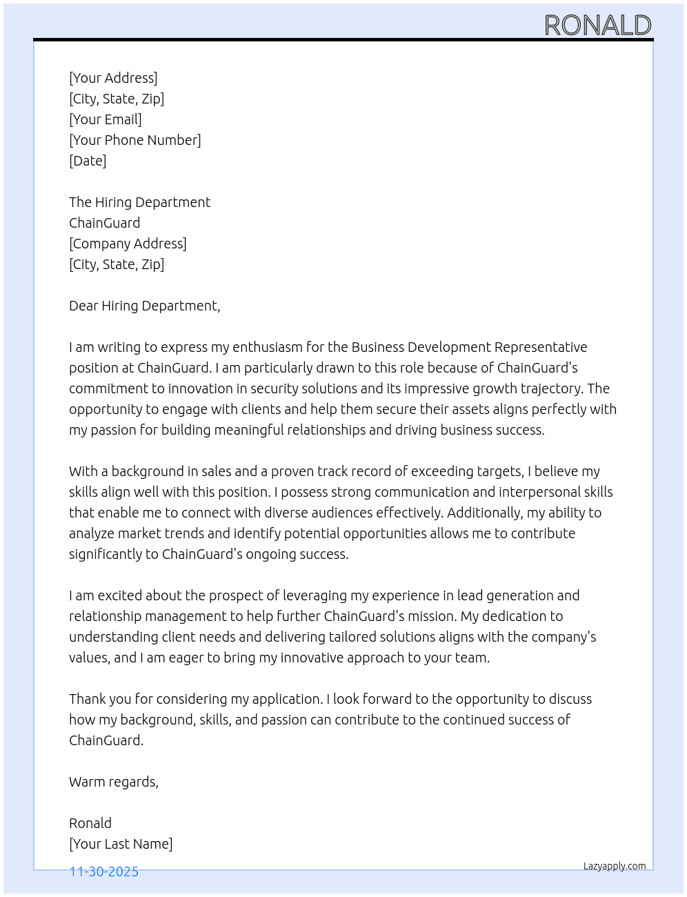 Business Development Representative  At ChainGuard Cover Letter