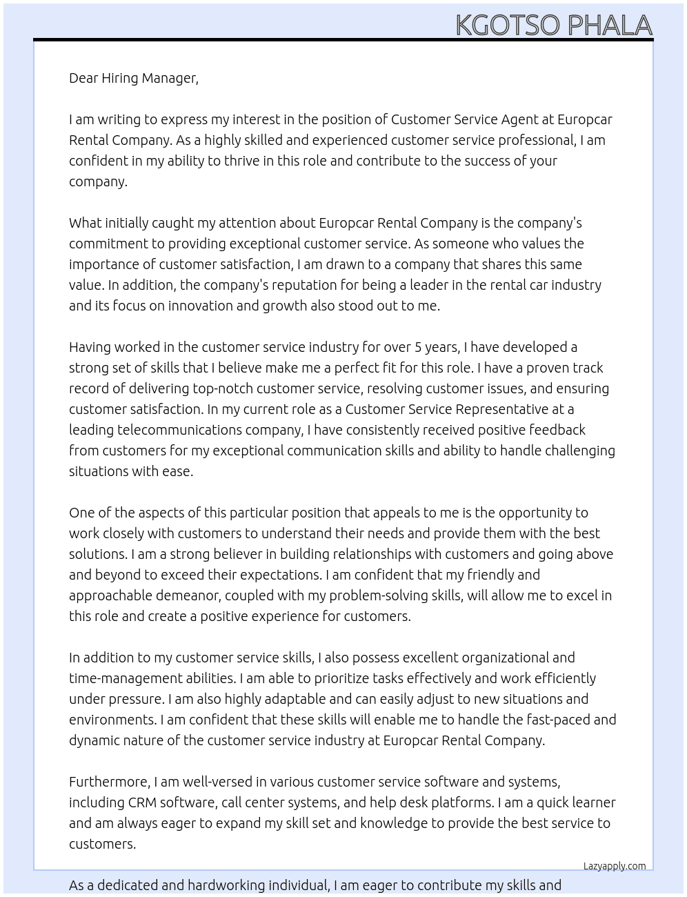 Customer Service Agent At Europcar Rental Company Cover Letter