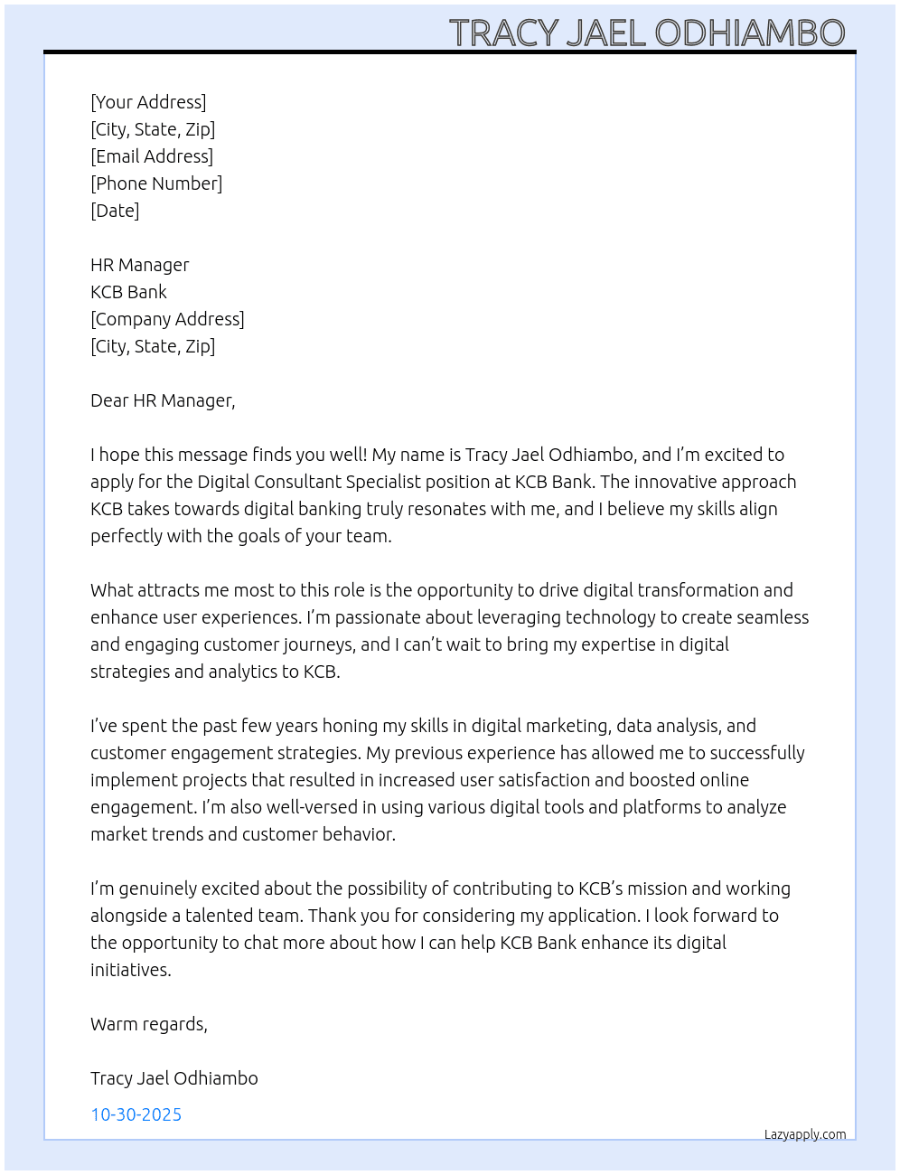 Digital consultant specialist  At KCB BANK  Cover Letter