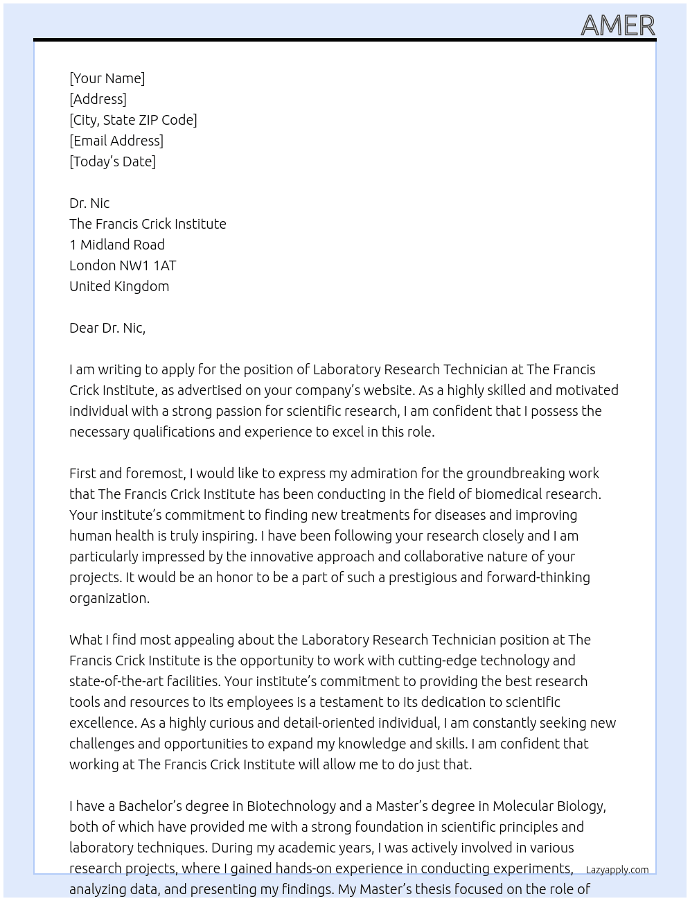 Laboratory Research Technician At The Francis Crick Institute Cover Letter