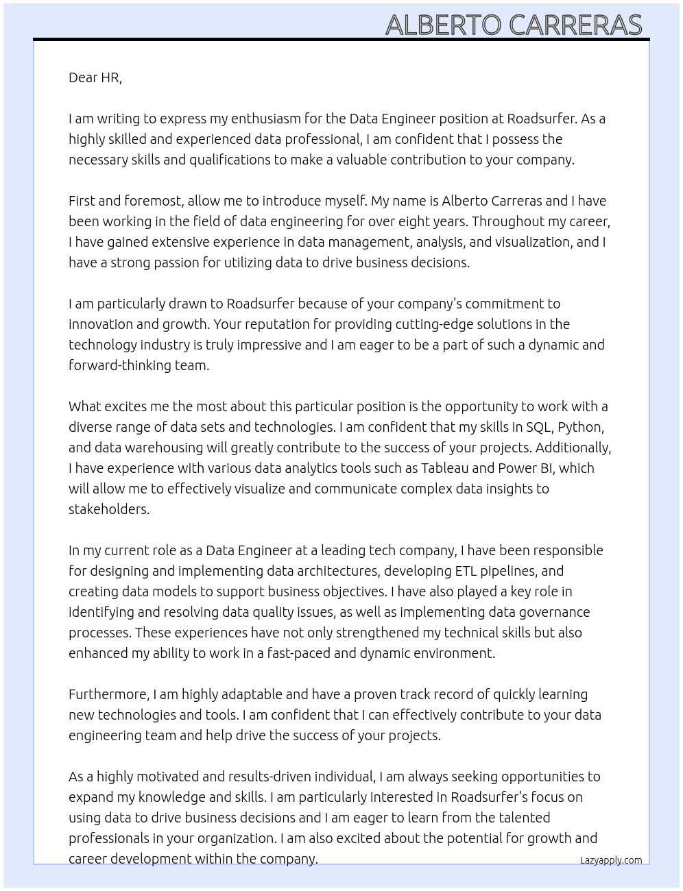 Data engineer  At Roadsurfer  Cover Letter