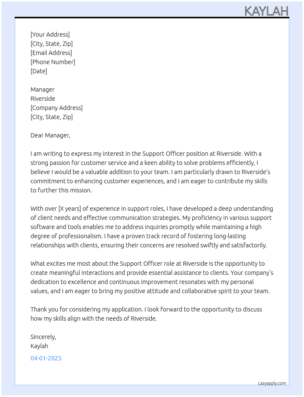 Support officer At Riverside Cover Letter