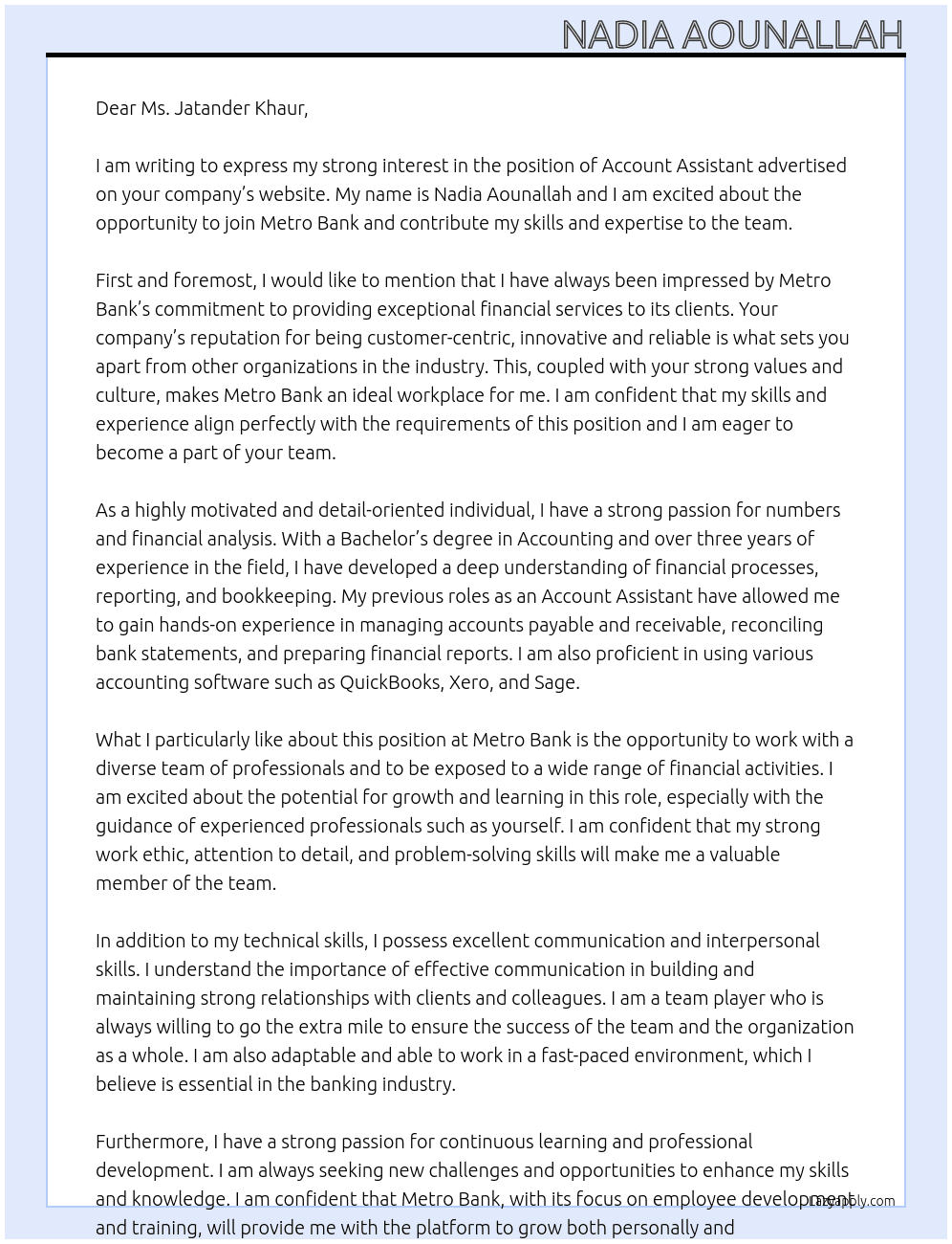 account assistant At Metro bank Cover Letter