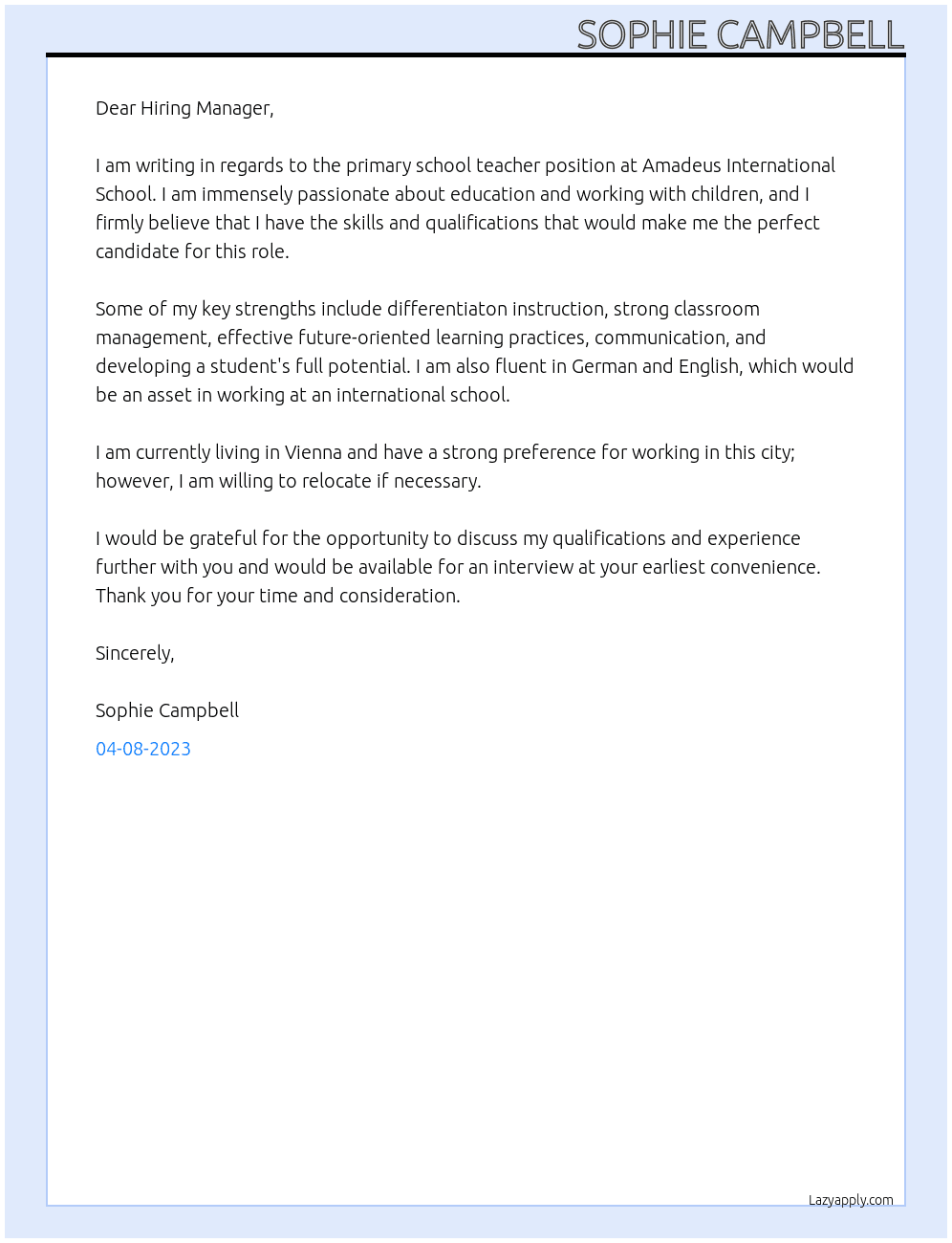 Primary school teacher At Amadeus international school Cover Letter