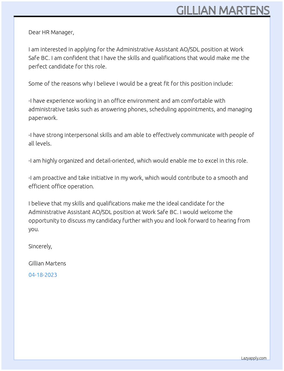 Administrative Assistant AO/SDL At Work Safe BC Cover Letter