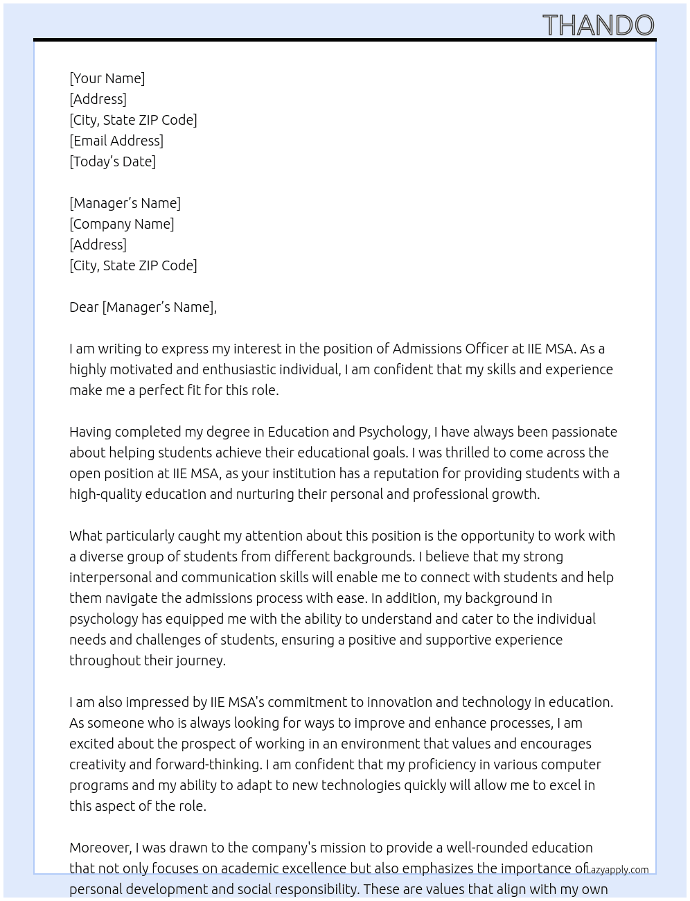 admissions officer At IIE MSA Cover Letter