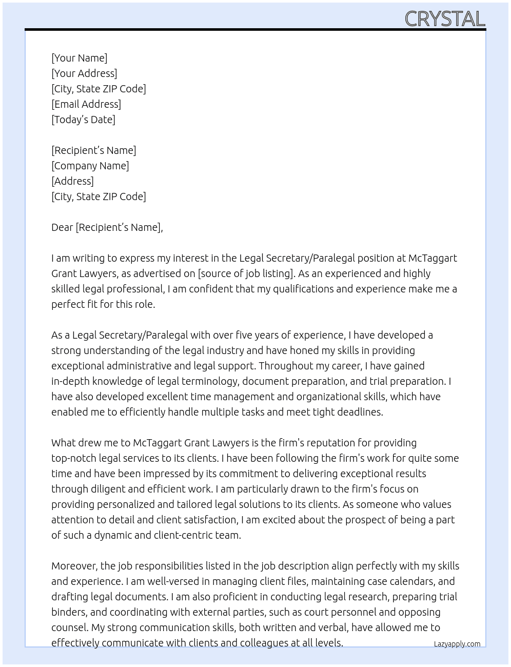 Legal Secretary/Paralegal At McTaggart Grant Lawyers Cover Letter