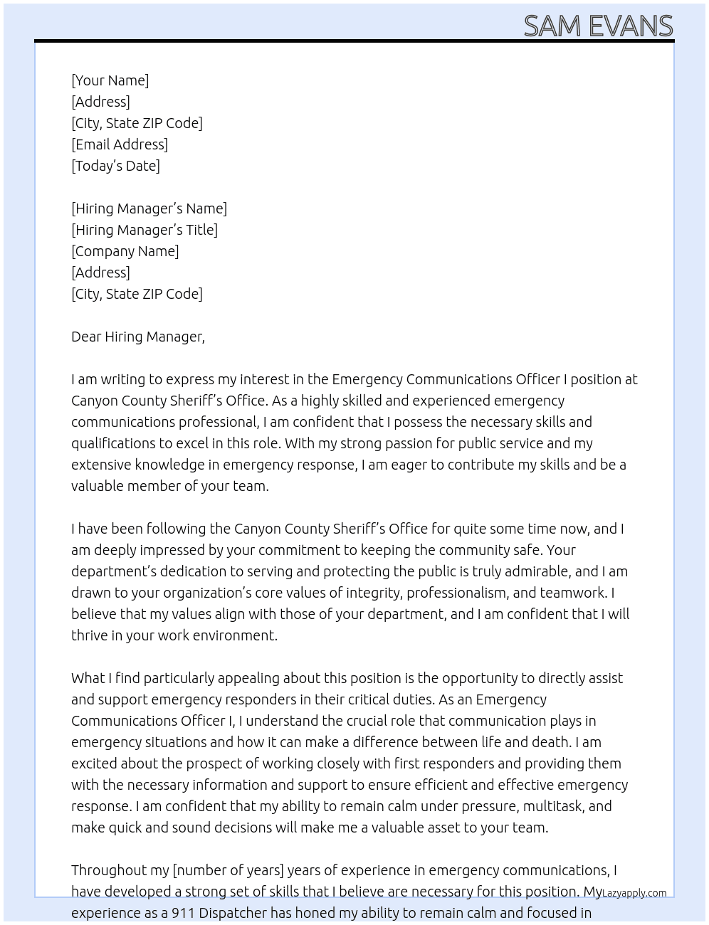 Emergency Communications Officer I At Canyon County Sheriff's Office Cover Letter