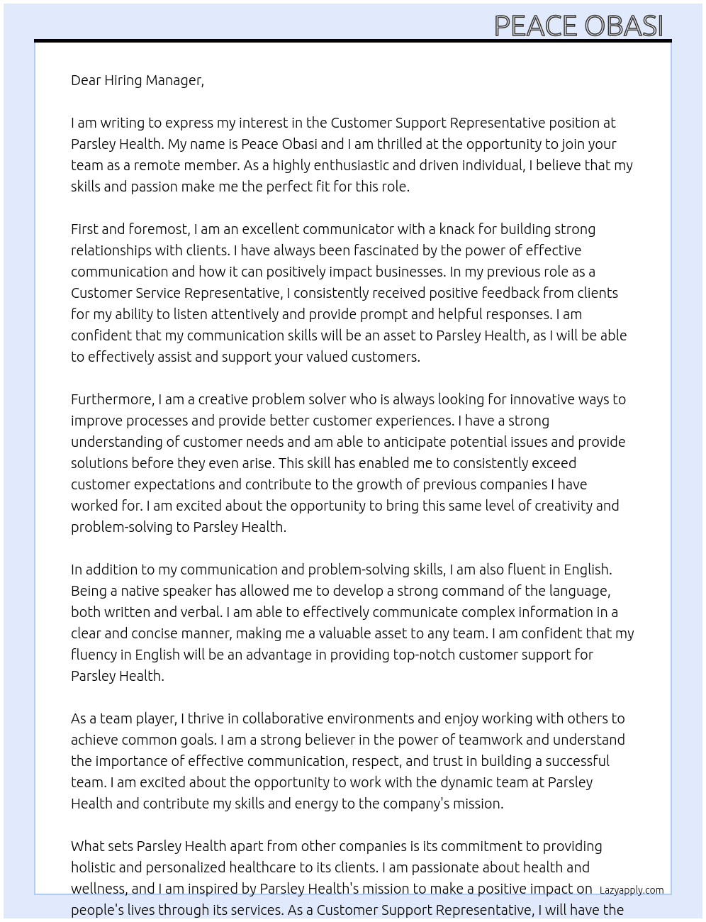 Customer Support Representative  At Parsley Health  Cover Letter