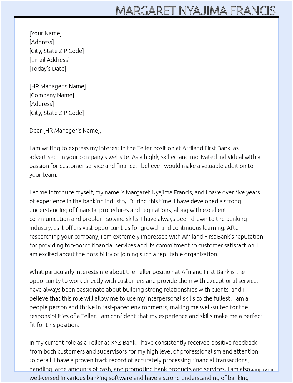 teller At Afriland first bank  Cover Letter