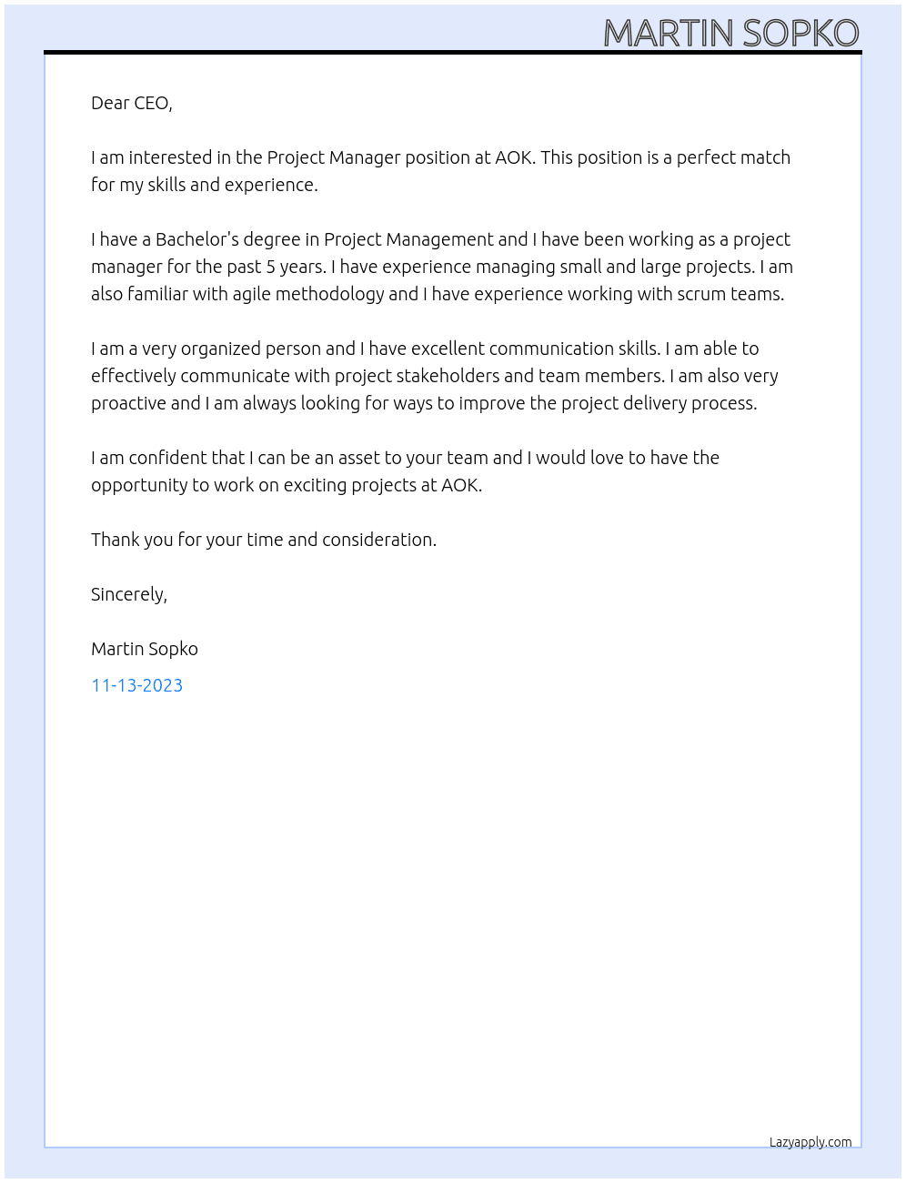 Project Manager At AOK Cover Letter