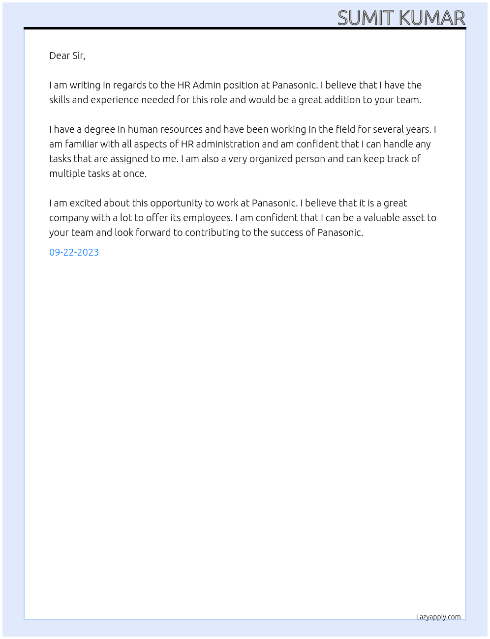 HR ADMIN At Panasonic Cover Letter