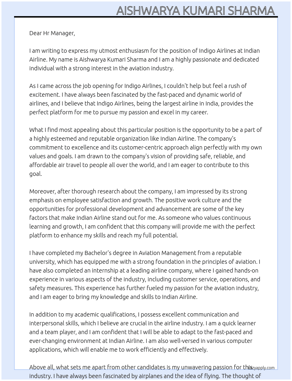 Indigo Airlines  At Indian Airline Cover Letter