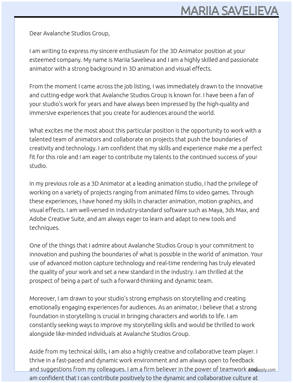 3d Animator At Avalanche Studios Group Cover Letter