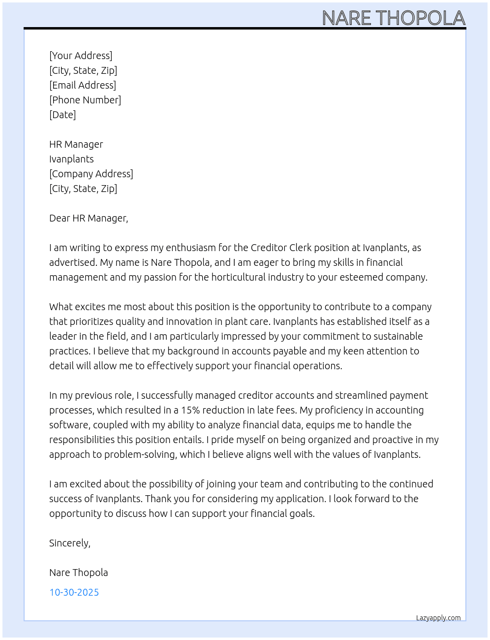 creditor clerk At ivanplants Cover Letter