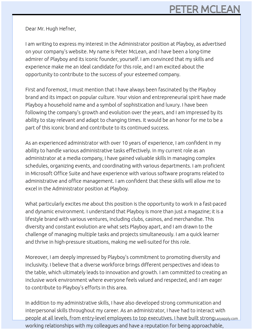 Administrator At Playboy Cover Letter
