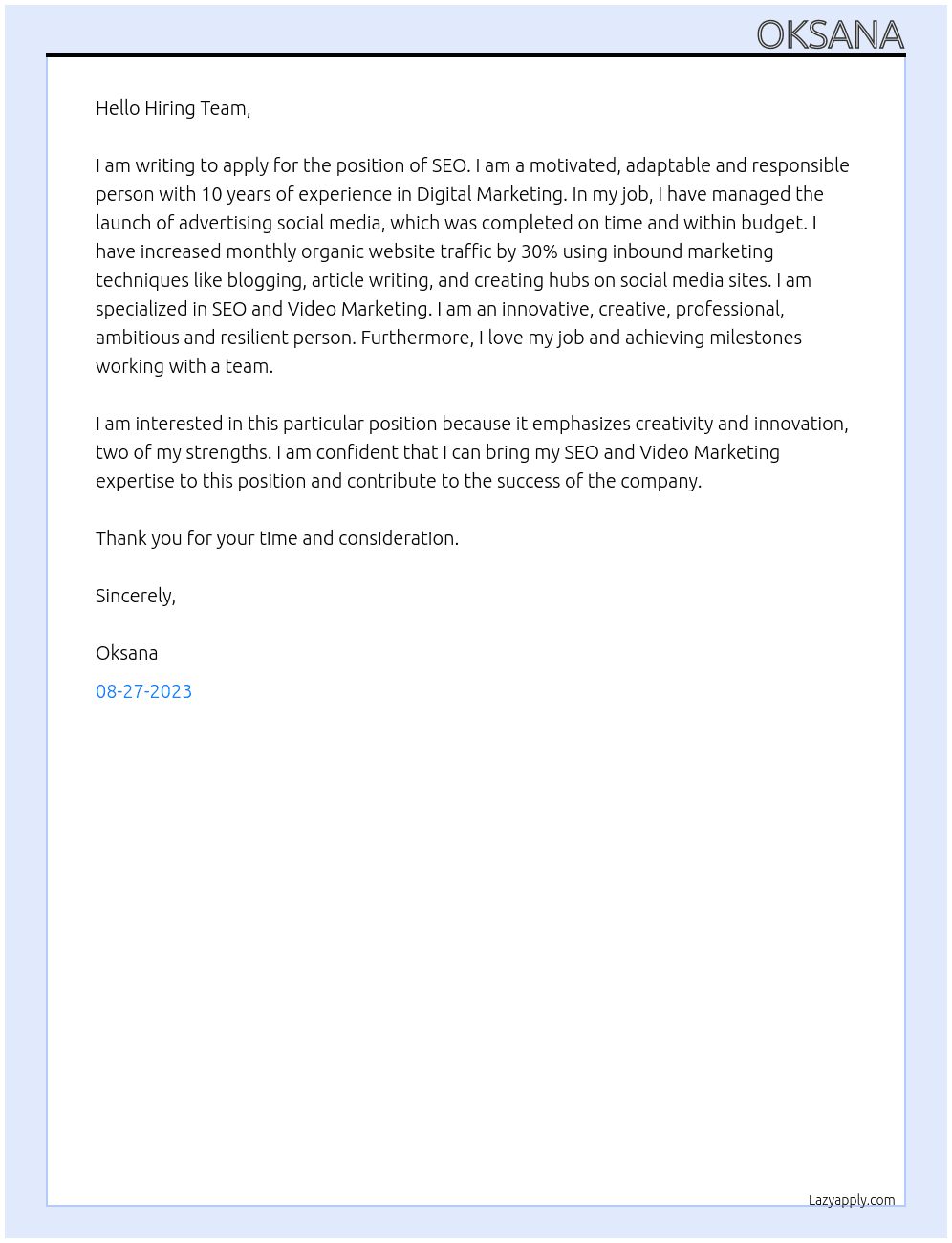 seo  At hiring team Cover Letter