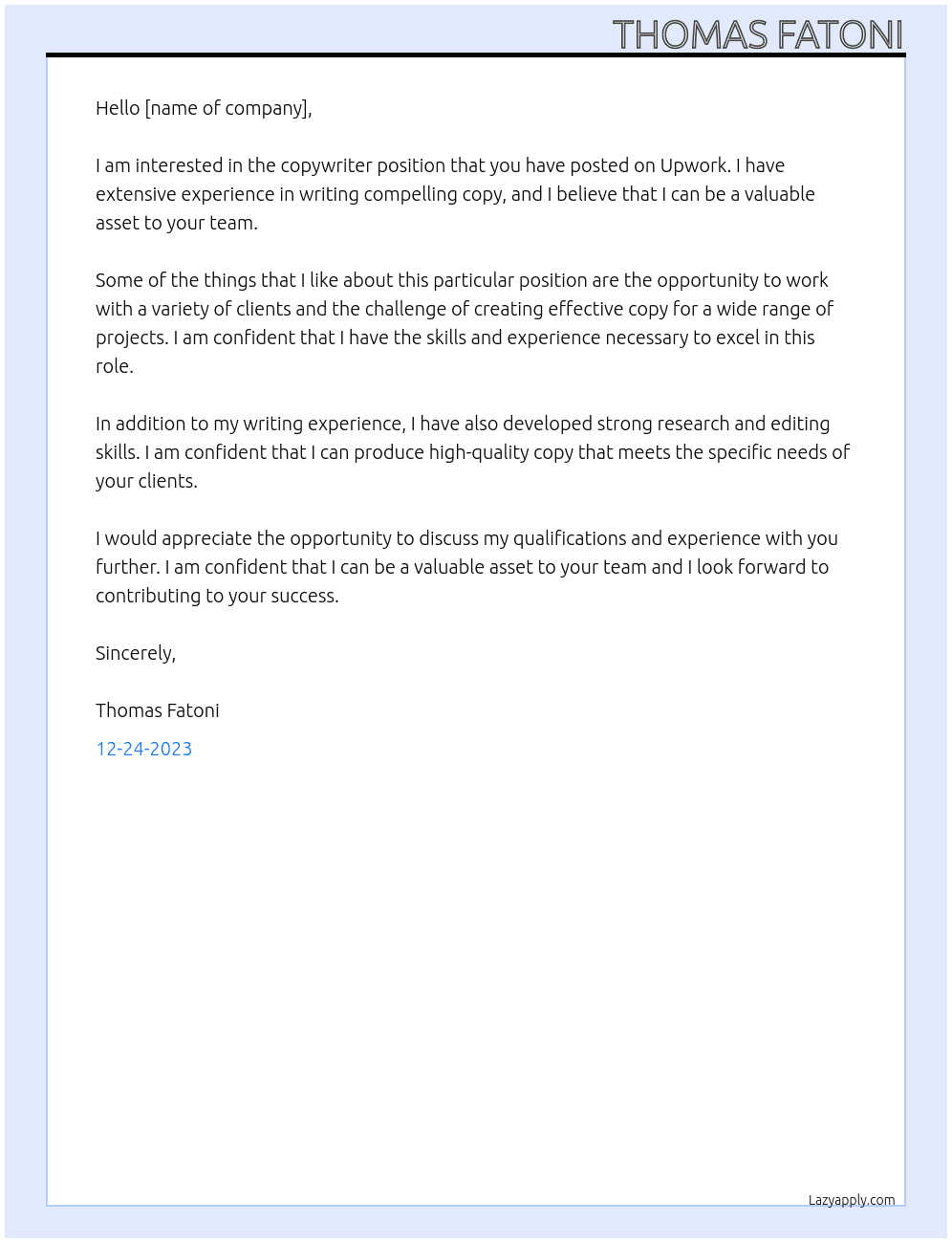 coppywriter At posted job upwork Cover Letter