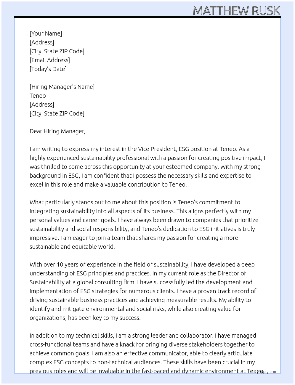 Vice President, ESG At Teneo  Cover Letter