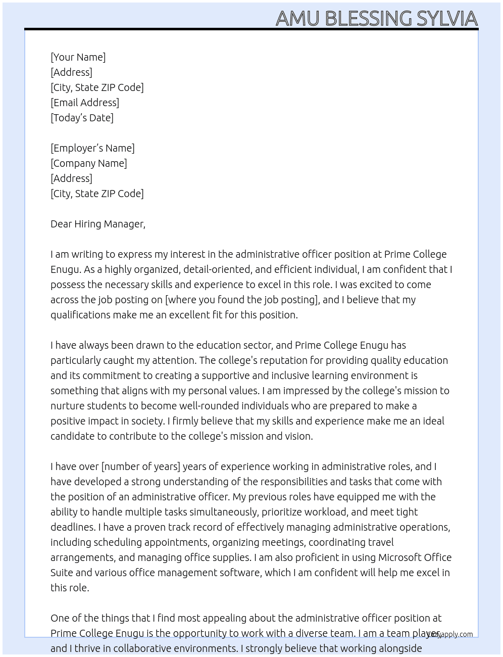 administrative Officer At Prime College Enugu Cover Letter