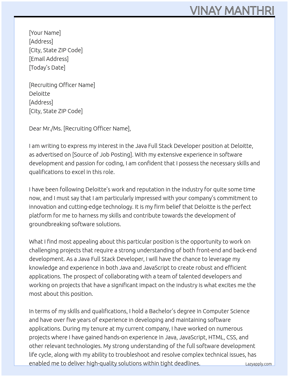 Java Full Stack Developer At Deloitte Cover Letter