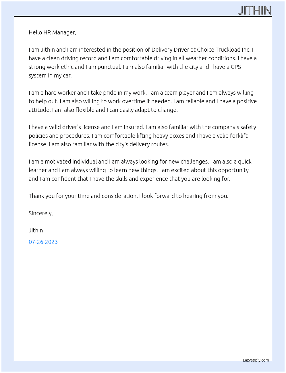 Delivery Driver  At Choice Truckload Inc Cover Letter