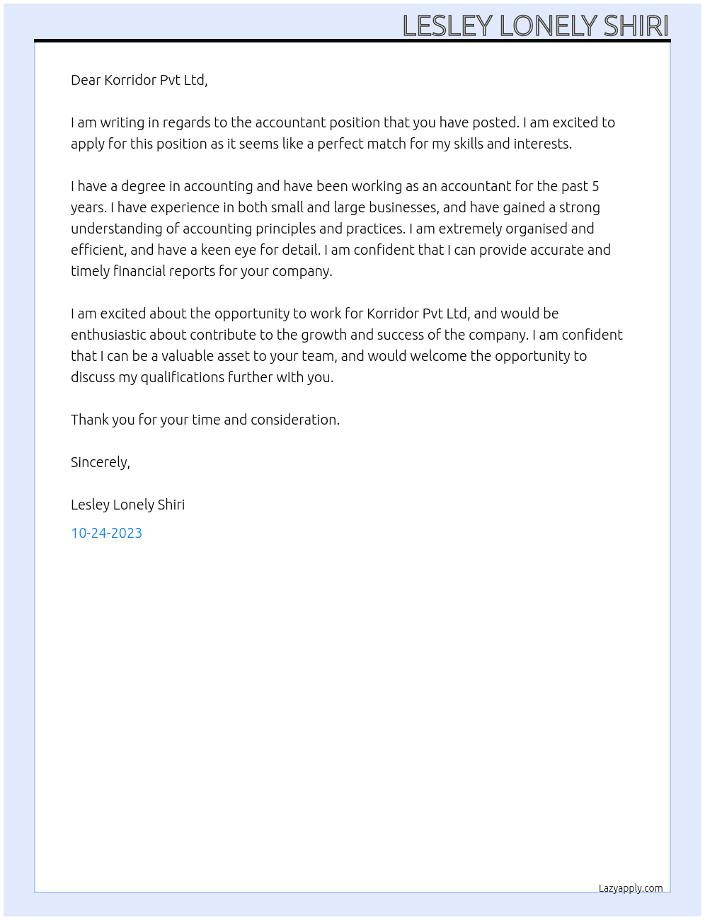 accountant At Korridor Pvt Ltd Cover Letter