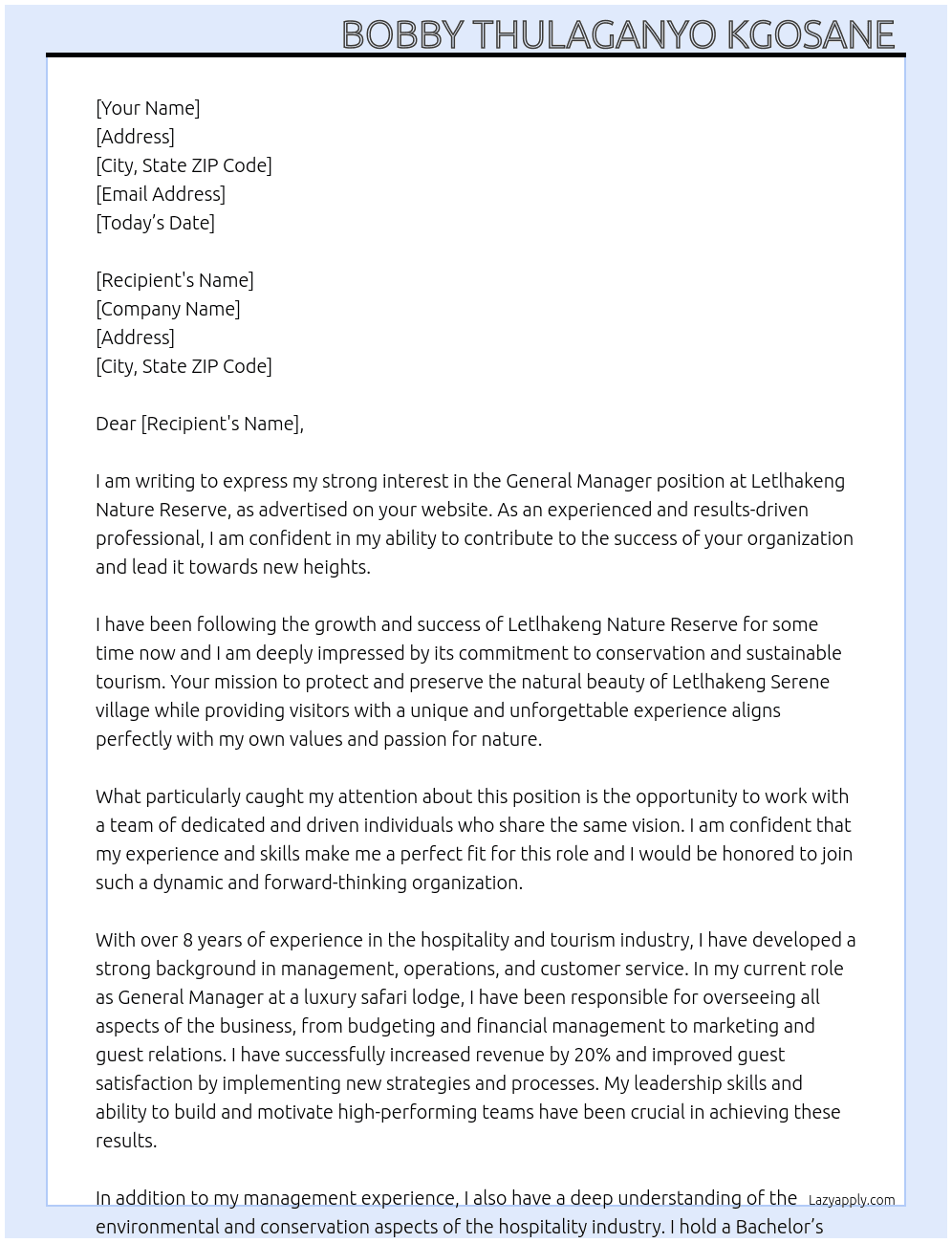 General manager  At Letlhakeng Nature Reserve  Cover Letter
