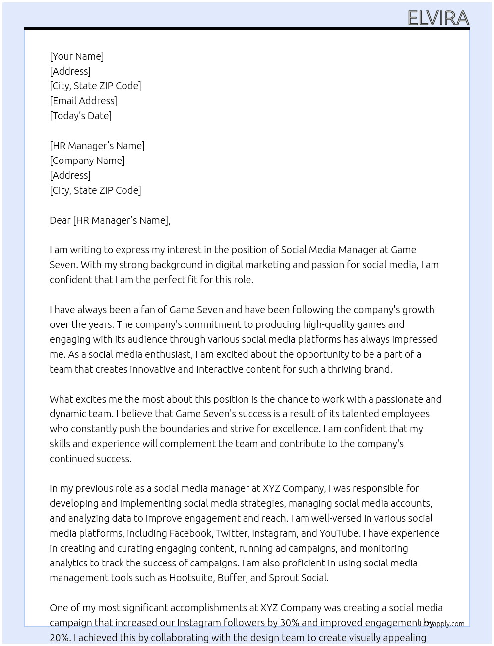 social media manager At game seven Cover Letter