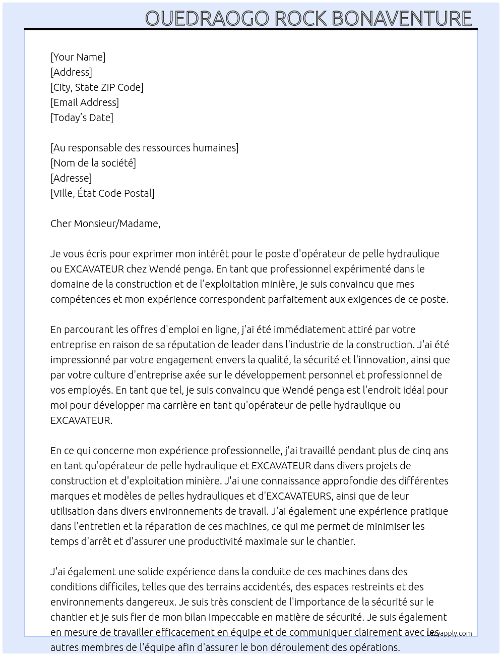 Opérateur de pelle hydraulique ou EXCAVATEUR  At Wendé penga Cover Letter