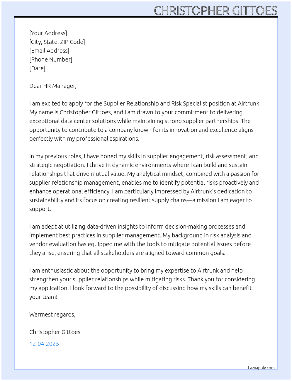 Supplier Relationship and Risk Specialist At Airtrunk Cover Letter
