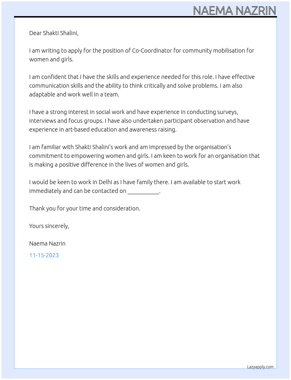Co-Coordinator for community mobilisation for women and girls At Shakti Shalini Cover Letter