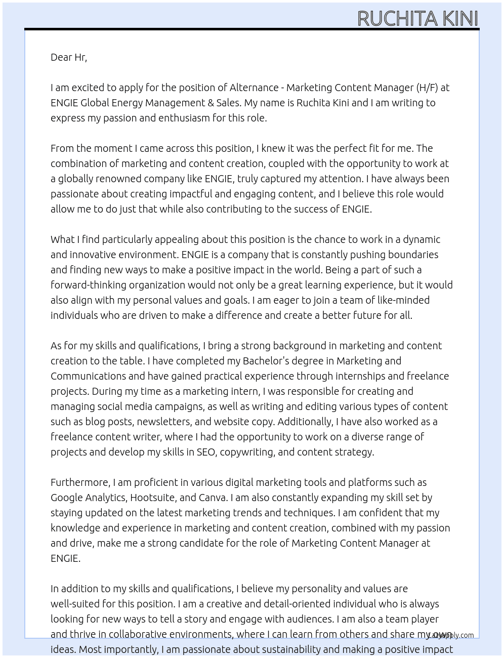 Alternance - Marketing Content Manager (H/F) At ENGIE Global Energy Management & Sales Cover Letter