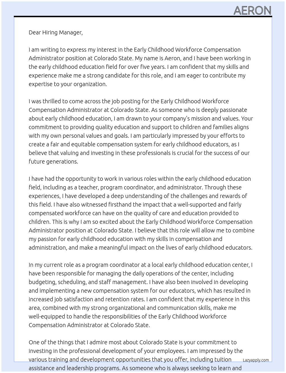  Early Childhood Workforce Compensation Administrator At Colorado State Cover Letter