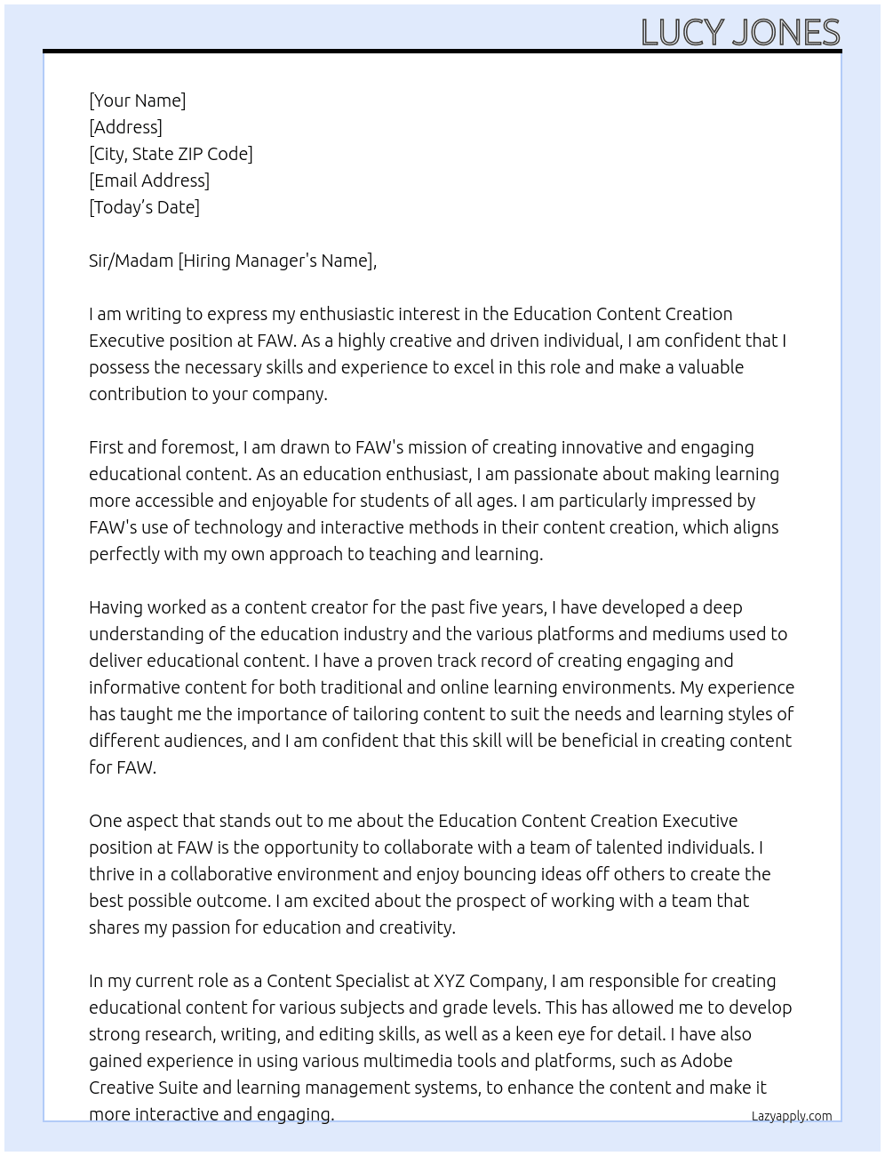 Education Content Creation Executive At FAW Cover Letter