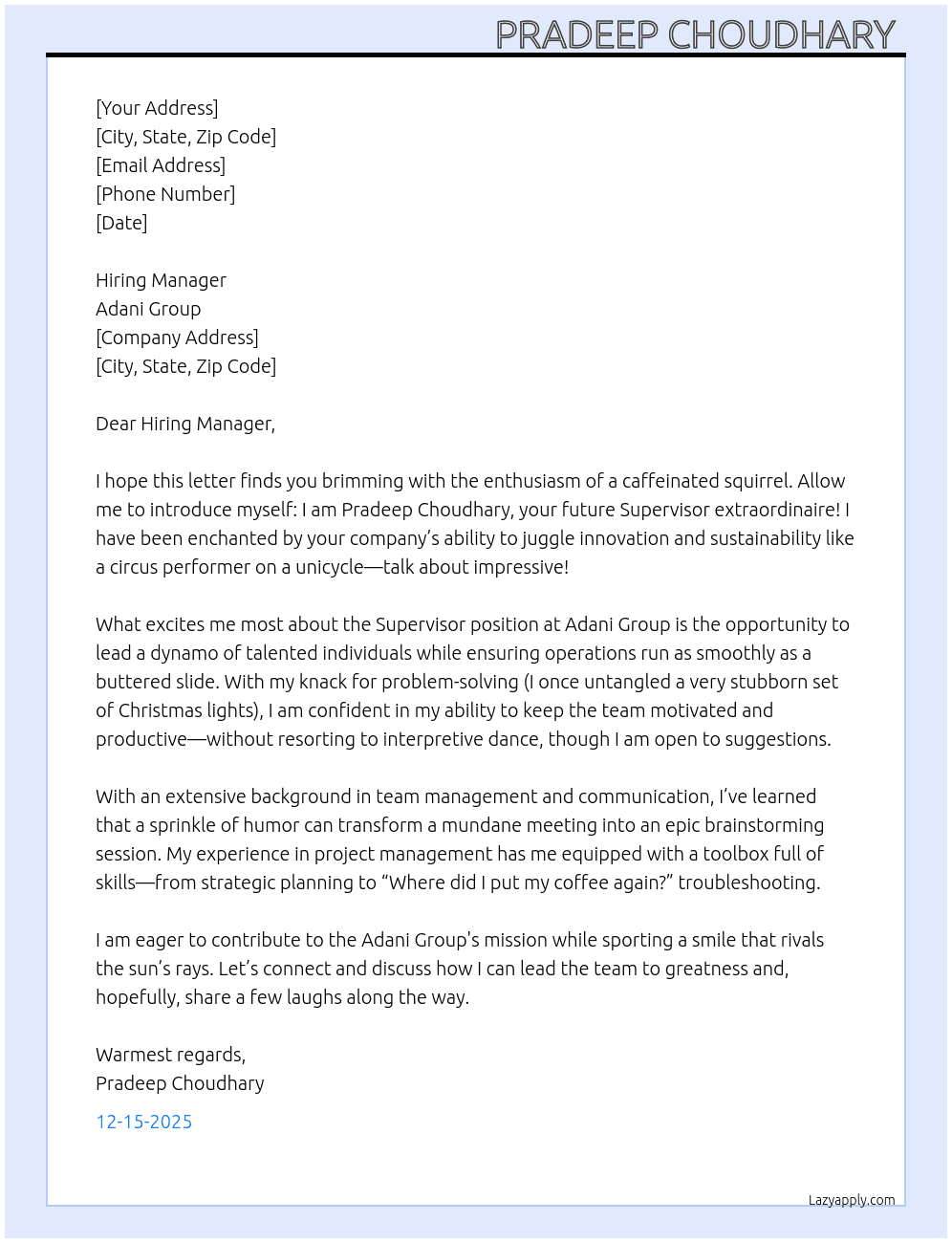 Supervisor At Adani group Cover Letter