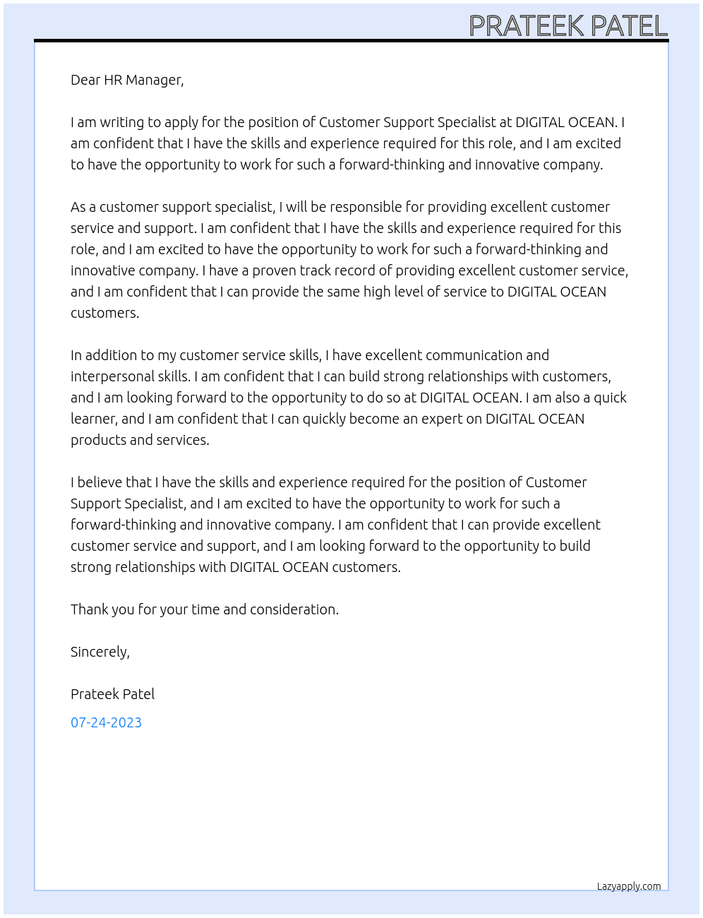 Customer support specialist  At DIGITAL OCEAN Cover Letter